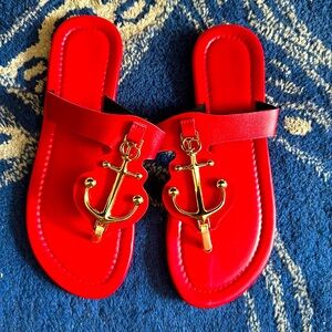Anchor thong flip flops summer red vegan leather size 8.5 (40) New! Gold anchor